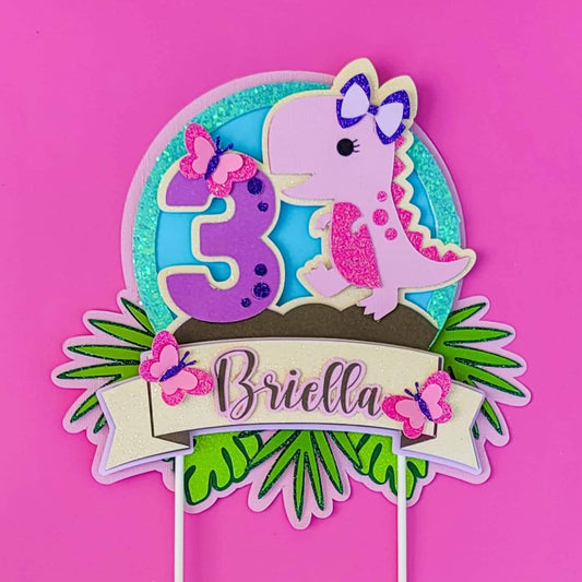 Girly dino t rex little girl toddler 3D cardstock glitter cute party cake topper for kids