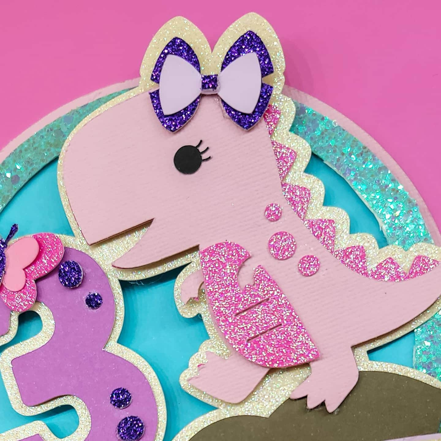 Girly dino t rex little girl toddler 3D cardstock glitter cute party cake topper for kids