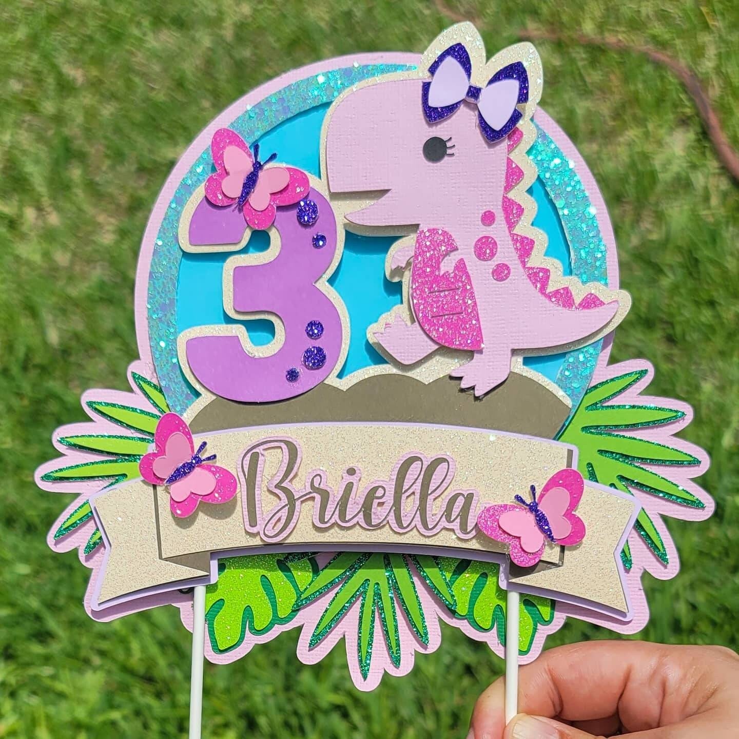 Girly dino t rex little girl toddler 3D cardstock glitter cute party cake topper for kids