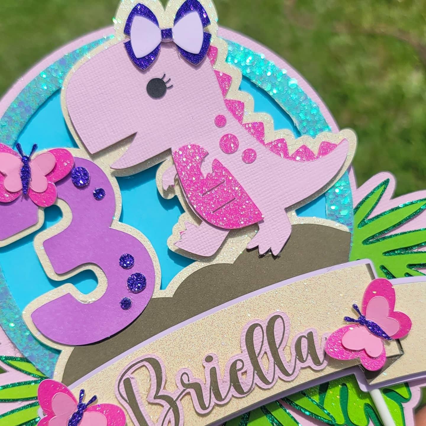 Girly dino t rex little girl toddler 3D cardstock glitter cute party cake topper for kids