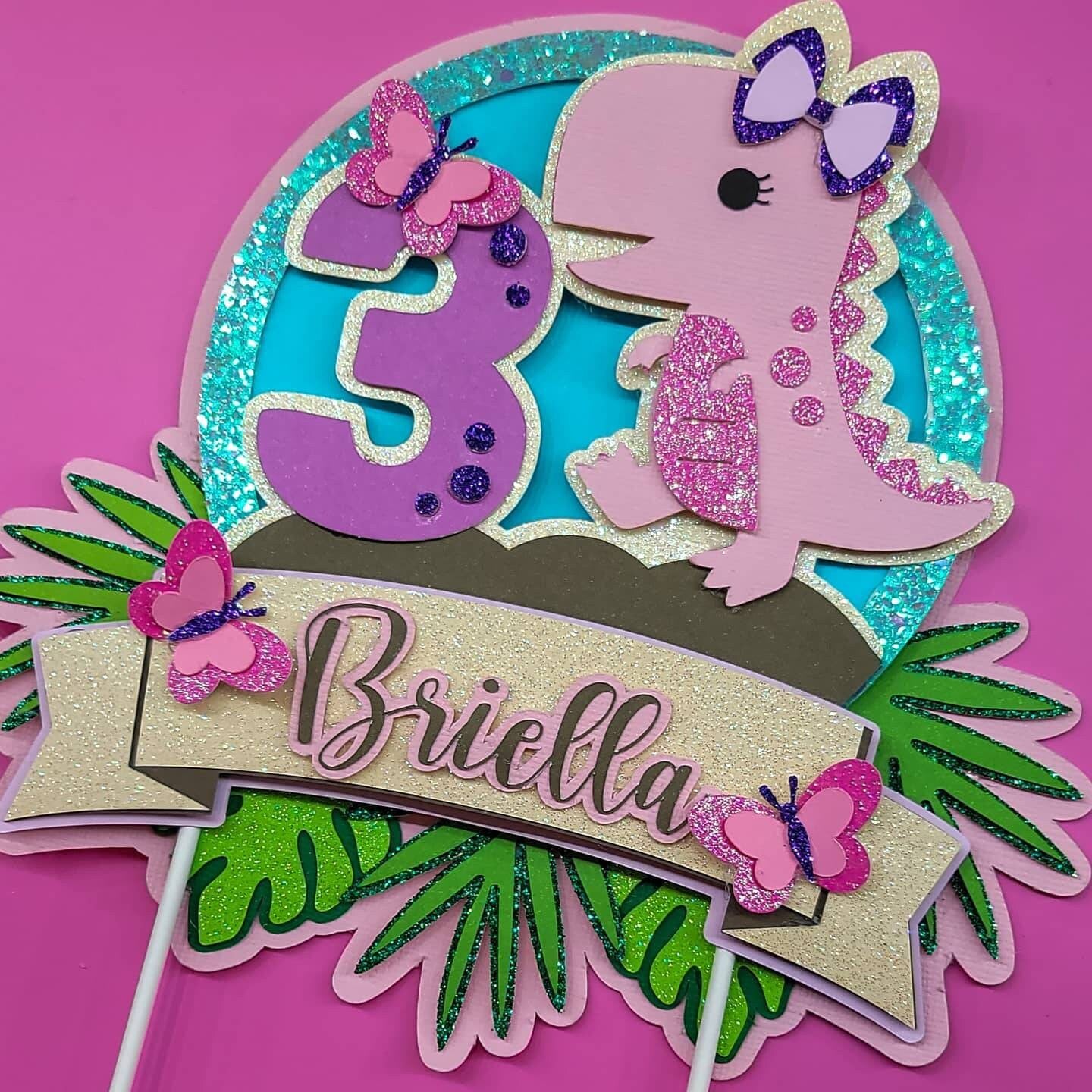 Girly dino t rex little girl toddler 3D cardstock glitter cute party cake topper for kids