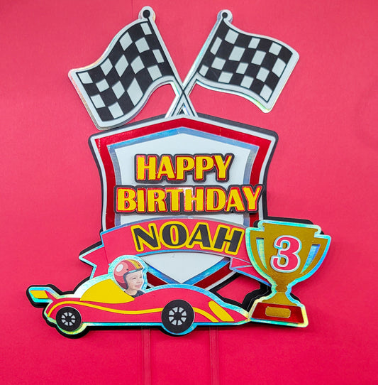 Personalized child race car with child face cake topper for birthday party