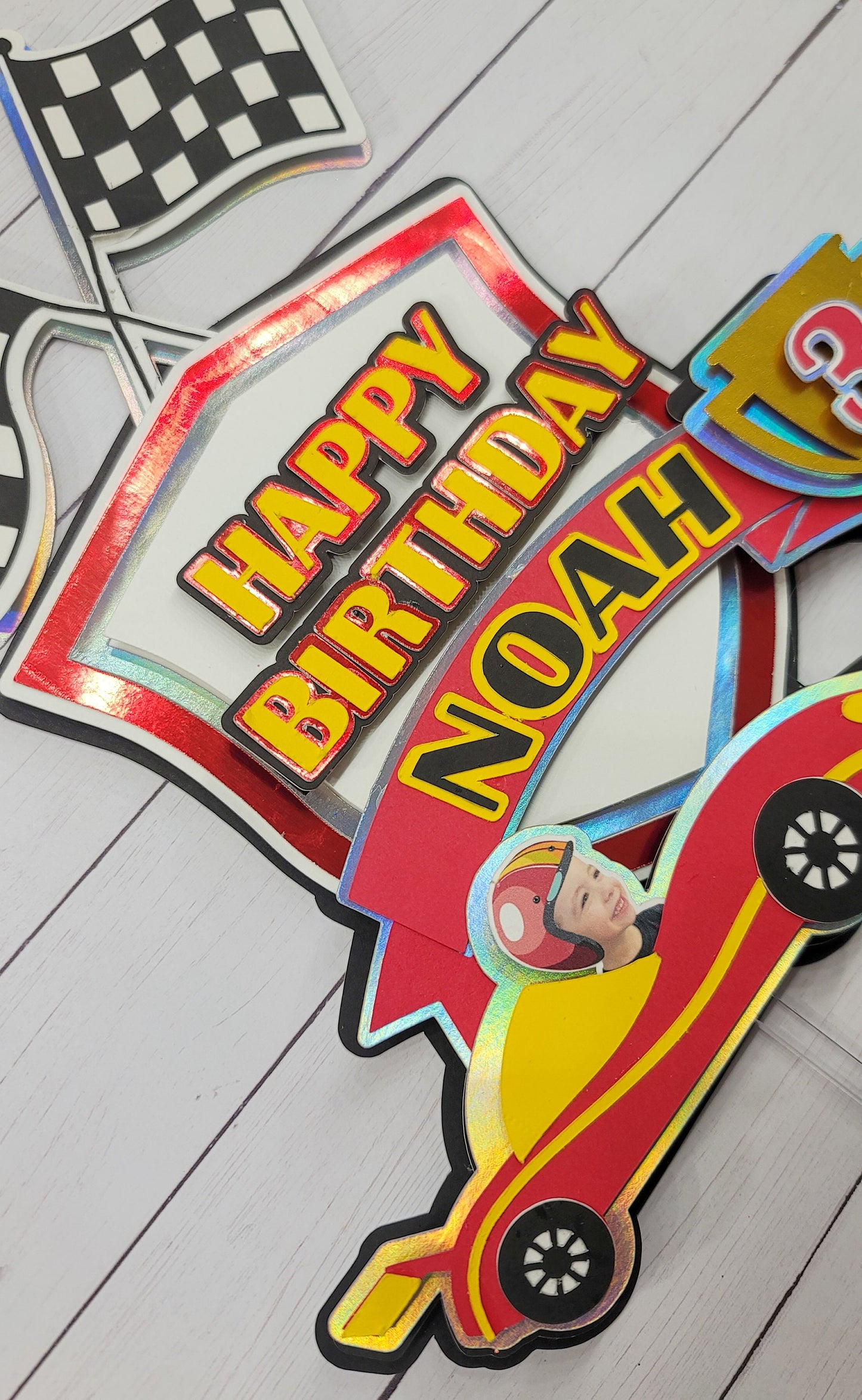 Personalized child race car with child face cake topper for birthday party