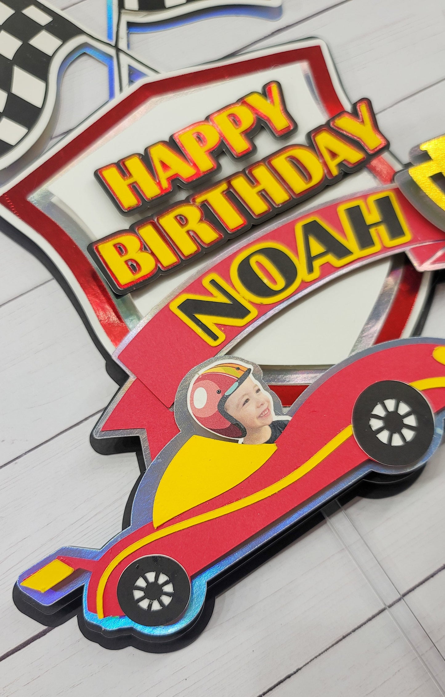 Personalized child race car with child face cake topper for birthday party