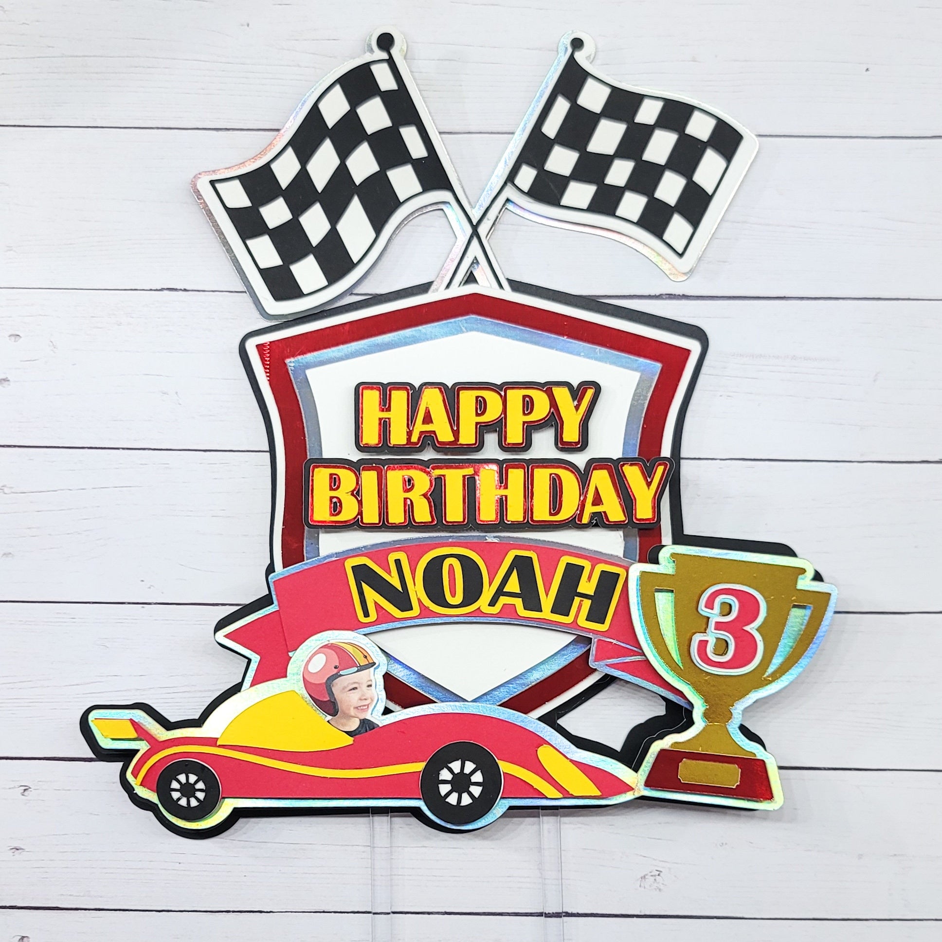 Personalized child race car with child face cake topper for birthday party