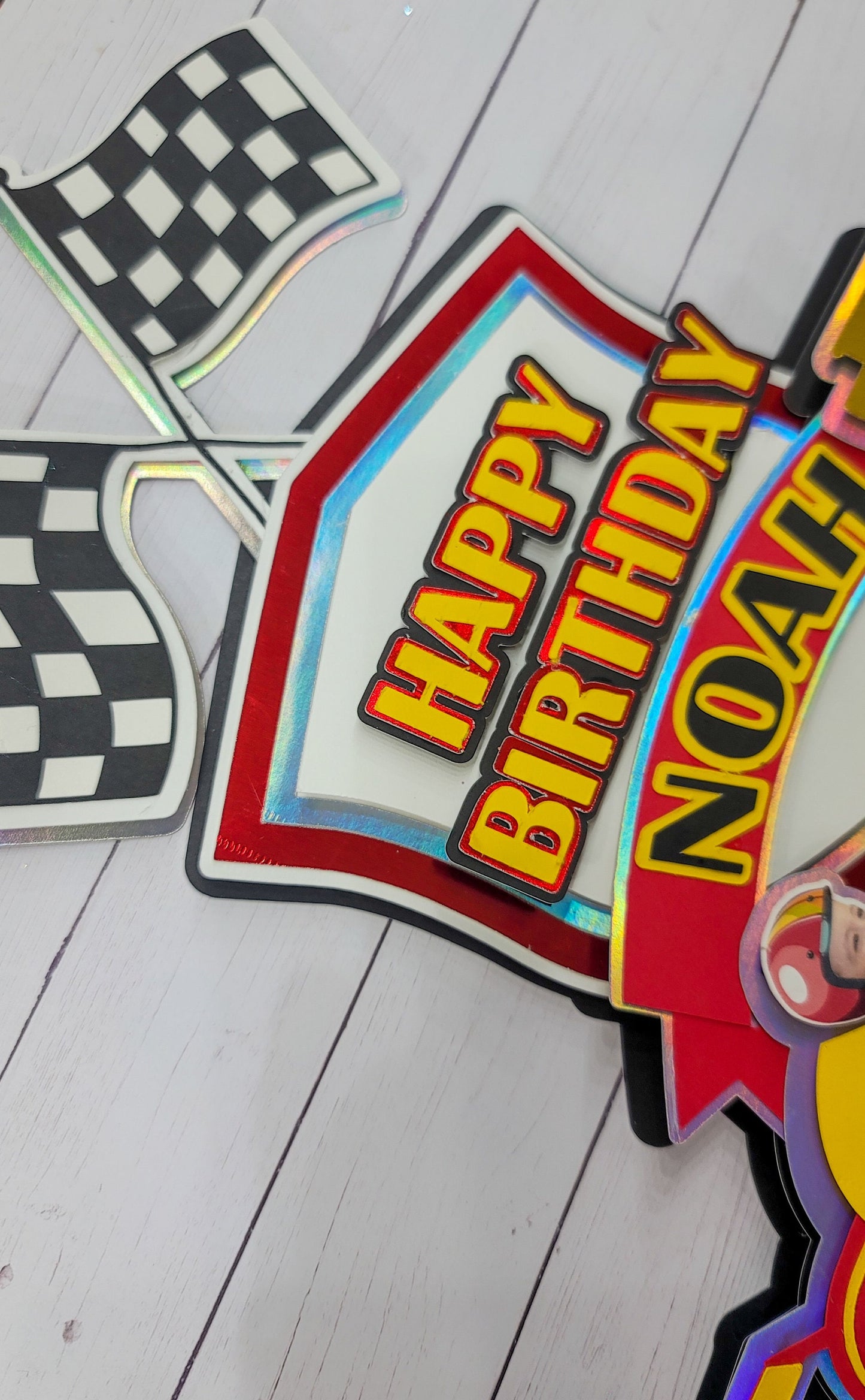 Personalized child race car with child face cake topper for birthday party