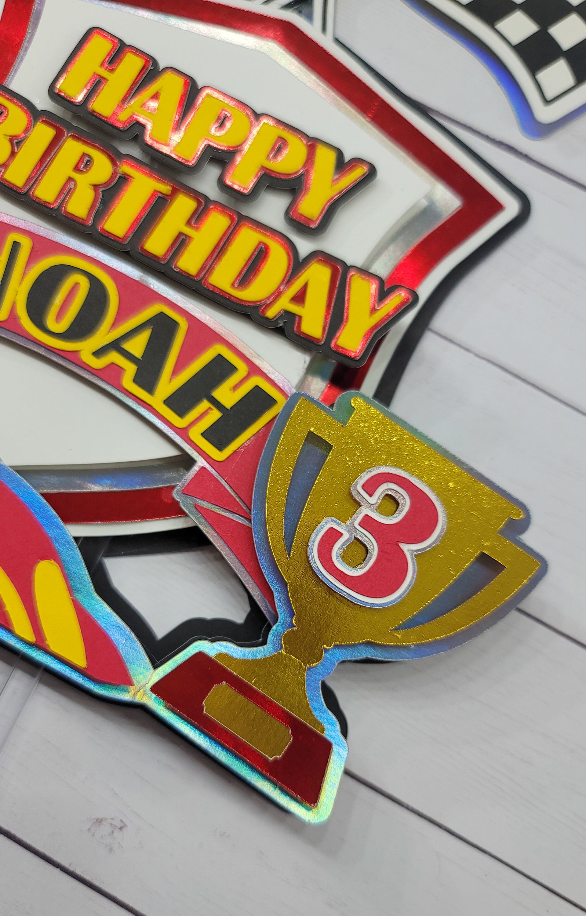 Personalized child race car with child face cake topper for birthday party